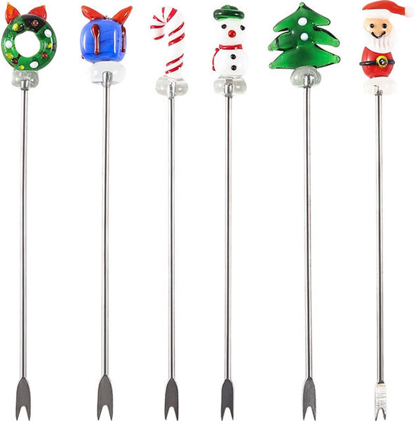 Creative Christmas Fruit Forks Stainless Steel Hand Glazed Cartoon Picks With Double Prongs Santa Claus Tree Set (Set Of 6) Seasonal Decorations