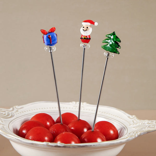 Creative Christmas Fruit Forks Stainless Steel Hand Glazed Cartoon Picks With Double Prongs Santa Claus Tree Set (Set Of 6) Seasonal Decorations