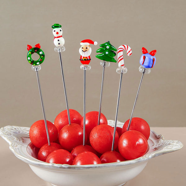 Creative Christmas Fruit Forks Stainless Steel Hand Glazed Cartoon Picks With Double Prongs Santa Claus Tree Set (Set Of 6) Seasonal Decorations