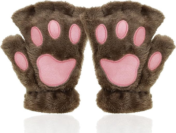 Brown Cartoon Cat Paw Fingerless Plush Winter Gloves Gloves & Mittens