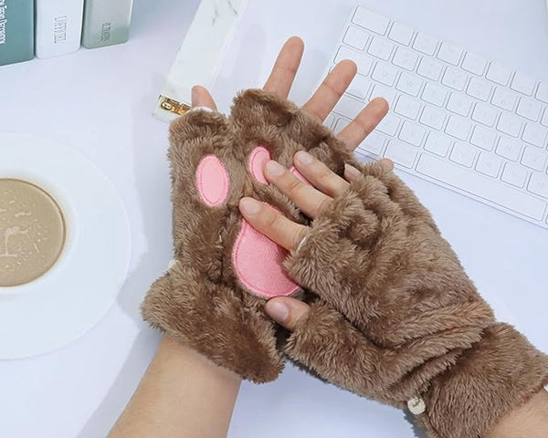 Brown Cartoon Cat Paw Fingerless Plush Winter Gloves Gloves & Mittens