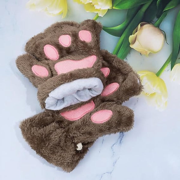 Brown Cartoon Cat Paw Fingerless Plush Winter Gloves Gloves & Mittens