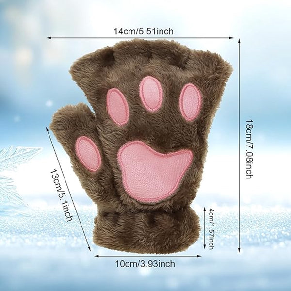 Brown Cartoon Cat Paw Fingerless Plush Winter Gloves Gloves & Mittens