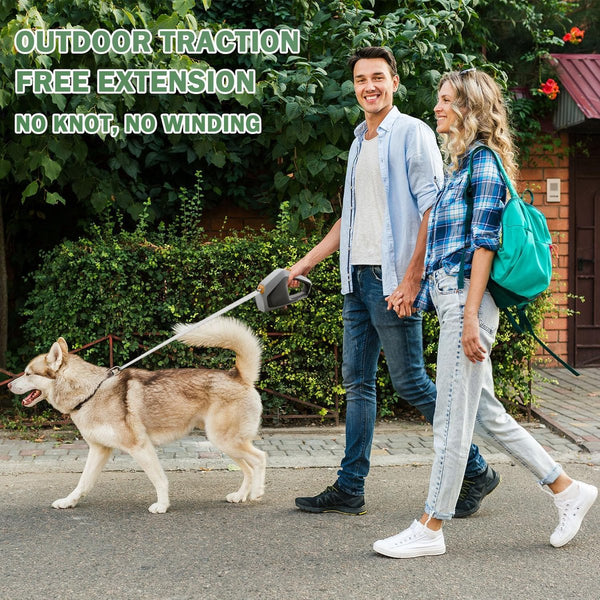 Retractable Dog Leash 16 Ft Nylon Rope Up To 105Lbs Medium Large Dogs One Hand Brake Stop Lock White Leads & Head Collars