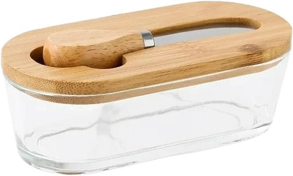 Airtight Glass Butter Keeper With Bamboo Lid & Knife Butter Dishes