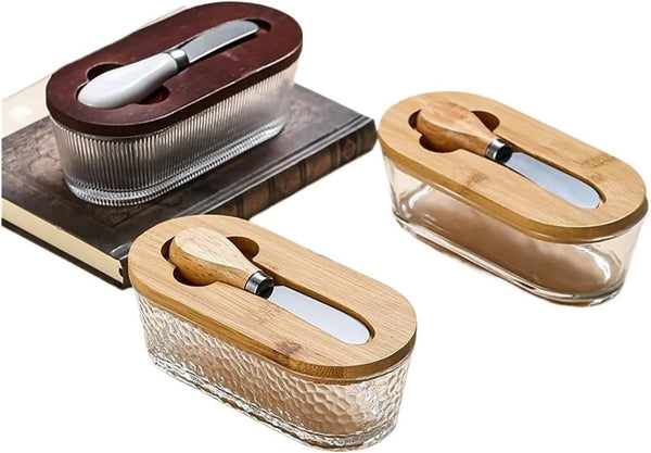 Airtight Glass Butter Keeper With Bamboo Lid & Knife Butter Dishes