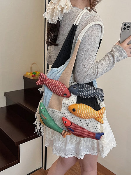 White Knitted Shoulder Bag With Tassel Perfect For Shopping & Day Trips Reusable Shopping Bags