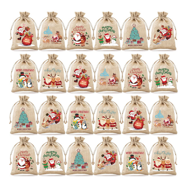 24 Pcs Christmas Drawstring Jute Candy & Party Favor 10 Cm X 15Cm Gift Bags