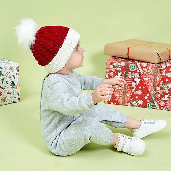 Kids Santa Hat Red & White Knitted Pompom For Christmas (Ages 1 5) Hats