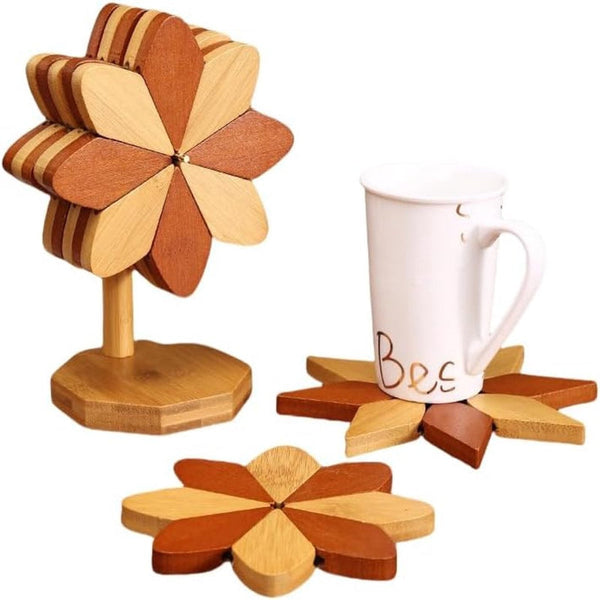 Set With Stand Floral Motif 5 Piece Brown Natural Bamboo Coasters