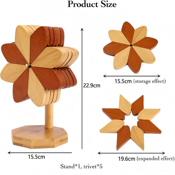 Set With Stand Floral Motif 5 Piece Brown Natural Bamboo Coasters