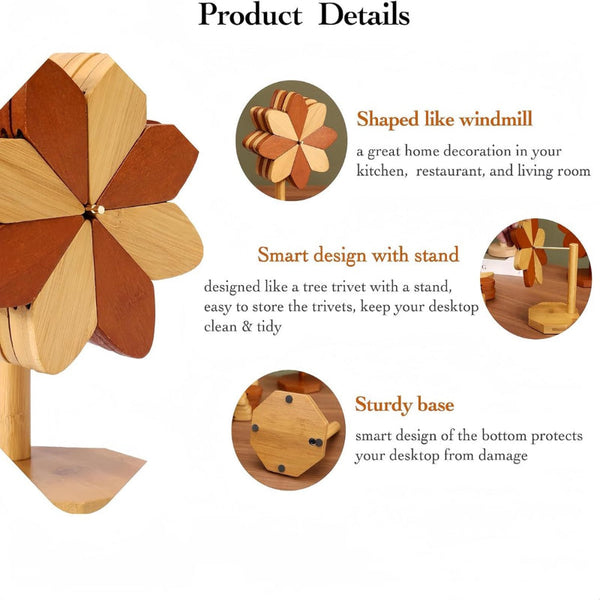 Set With Stand Floral Motif 5 Piece Brown Natural Bamboo Coasters