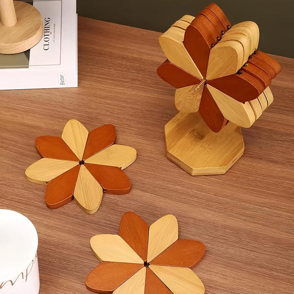 Set With Stand Floral Motif 5 Piece Brown Natural Bamboo Coasters