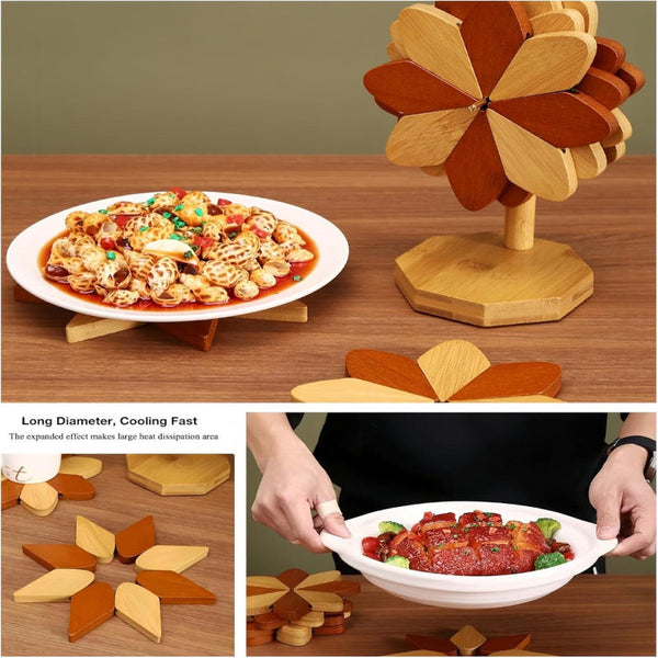 Set With Stand Floral Motif 5 Piece Brown Natural Bamboo Coasters