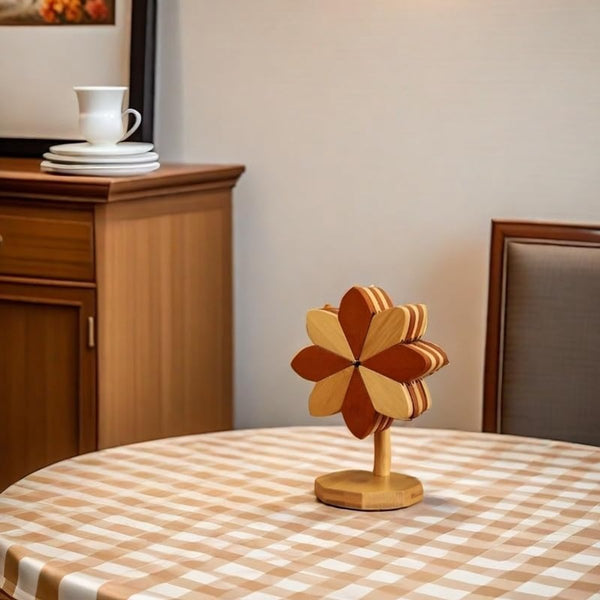 Set With Stand Floral Motif 5 Piece Brown Natural Bamboo Coasters