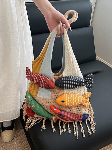 Shoulder Bag Spacious Storage Versatile Knitted Tassel Shopping Perfect For Day Trips Red Reusable Shopping Bags