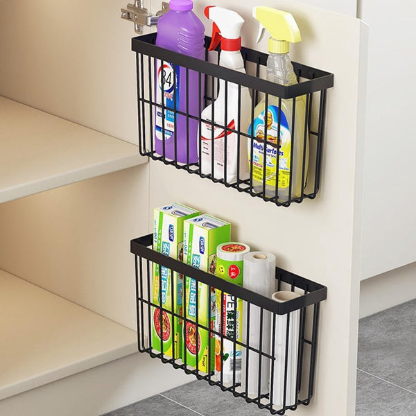 Set Of 2 Black Metal Wall Mounted Drill Free Kitchen & Bathroom Organizers Storage Boxes