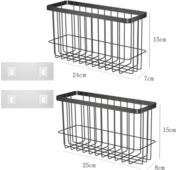 Set Of 2 Black Metal Wall Mounted Drill Free Kitchen & Bathroom Organizers Storage Boxes