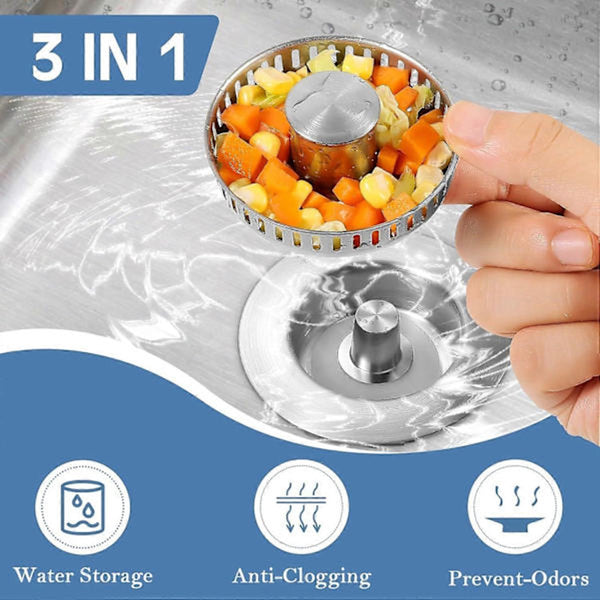 3 In 1 Stainless Steel Sink Drain Strainer & Stopper Silver Colanders Strainers & Sifters
