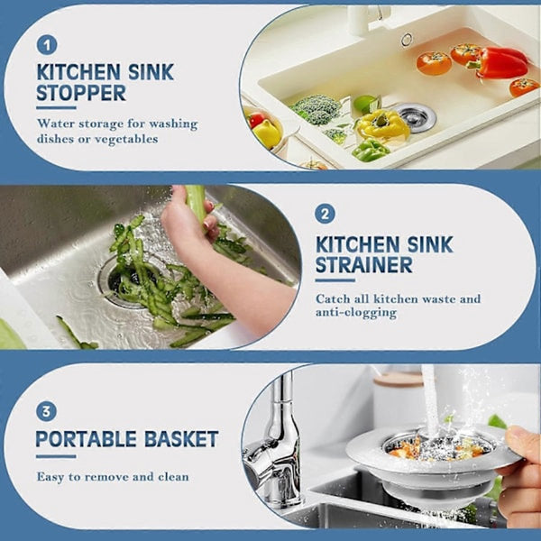 3 In 1 Stainless Steel Sink Drain Strainer & Stopper Silver Colanders Strainers & Sifters
