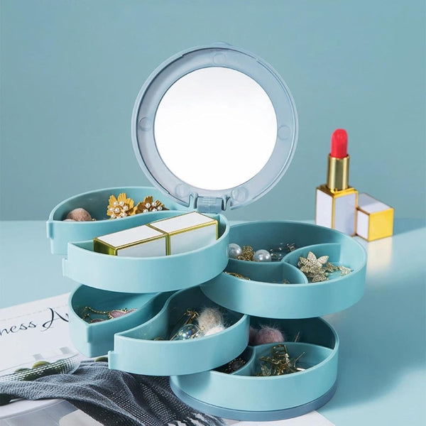 Jewelry Box Foldable Storage Rotating With Multiple Layers Elegant For Earrings Dust Free And Compact Suitable (Blue) Jewellery Boxes