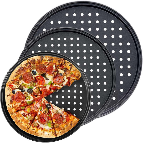 Pizza Baking Pan Set Stone Platter | Tray Plate Carbon Steel With Ventilation Holes Oven Safe Home Kitchen Dining Room (26Cm & 28Cm 32Cm) Muffin Pans