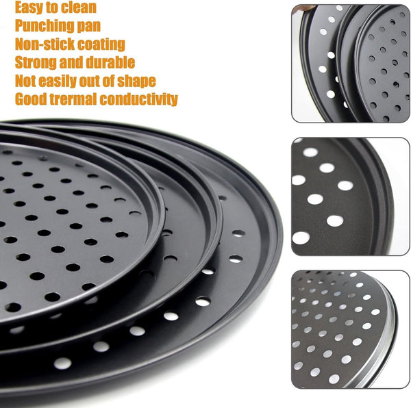 Pizza Baking Pan Set Stone Platter | Tray Plate Carbon Steel With Ventilation Holes Oven Safe Home Kitchen Dining Room (26Cm & 28Cm 32Cm) Muffin Pans