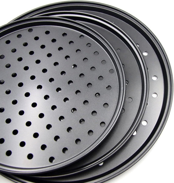 Pizza Baking Pan Set Stone Platter | Tray Plate Carbon Steel With Ventilation Holes Oven Safe Home Kitchen Dining Room (26Cm & 28Cm 32Cm) Muffin Pans