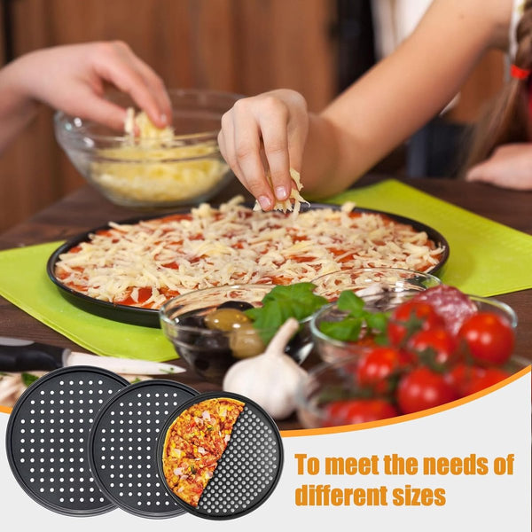 Pizza Baking Pan Set Stone Platter | Tray Plate Carbon Steel With Ventilation Holes Oven Safe Home Kitchen Dining Room (26Cm & 28Cm 32Cm) Muffin Pans