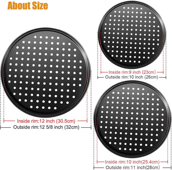 Pizza Baking Pan Set Stone Platter | Tray Plate Carbon Steel With Ventilation Holes Oven Safe Home Kitchen Dining Room (26Cm & 28Cm 32Cm) Muffin Pans