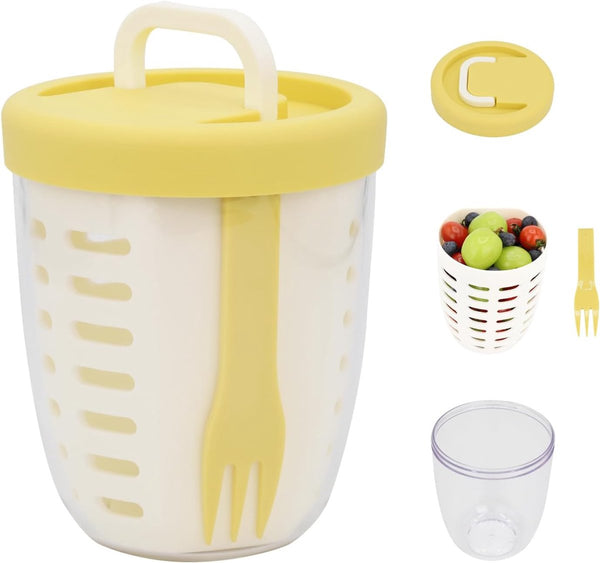 Fruit Bowl Salad Leakproof Reusable Food Container With Lid And Draining Basket Suitable For Work School Travel. 650 Ml (Yellow) Bowls