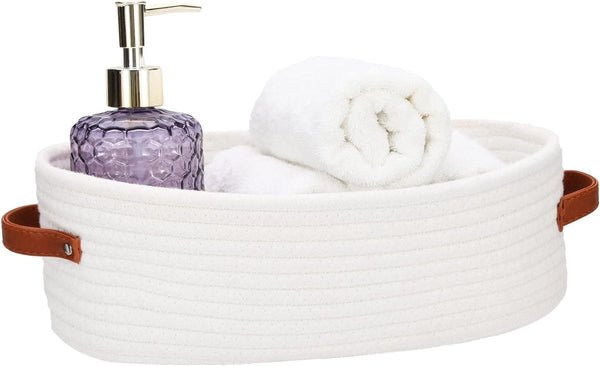 Braided Cotton Rope Storage Basket With Leather Handles Bathroom Organizer Bathroom Baskets & Storage