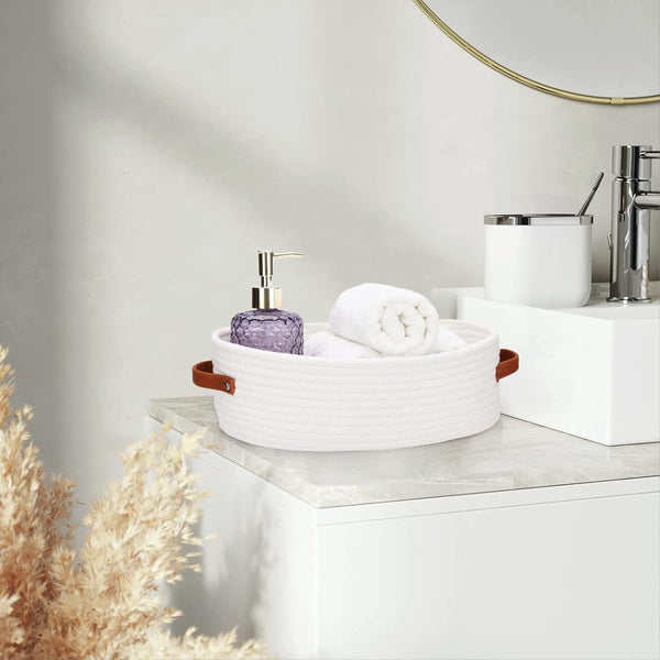 Braided Cotton Rope Storage Basket With Leather Handles Bathroom Organizer Bathroom Baskets & Storage