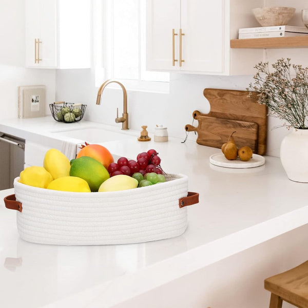Braided Cotton Rope Storage Basket With Leather Handles Bathroom Organizer Bathroom Baskets & Storage