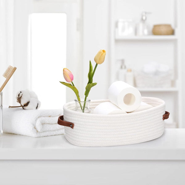 Braided Cotton Rope Storage Basket With Leather Handles Bathroom Organizer Bathroom Baskets & Storage
