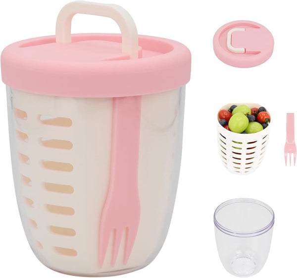Fruit Bowl Salad Leakproof Reusable Food Container With Lid And Draining Basket Suitable For Work School Travel. 650 Ml (Pink) Bowls