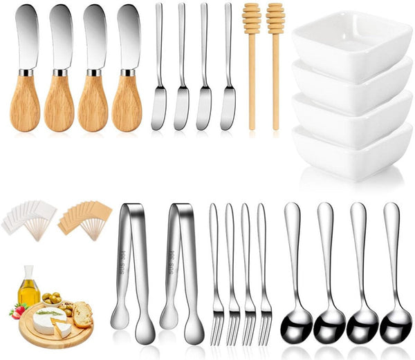Cutlery Set 44 Piece Cheese Knife | Pastry Forks Oval Coffee Spoons Kitchen Tongs & Serving Stirring Ceramic Bowl Blank Food Labels Cutlery Sets