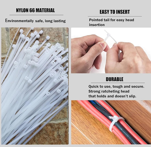 Nylon Cable Ties Pack Of 100 300Mm X 4.8Mm Large White Extra Strong Tensile Strength 23Kg Self Locking Plastic Suitable For Home Garden And Office Use