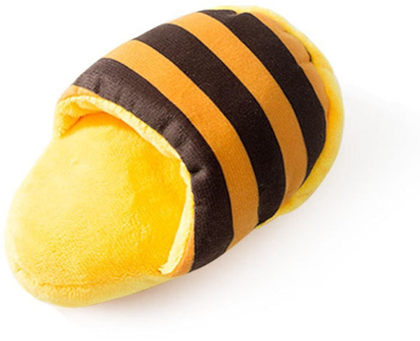 Cuddly Slipper Shape Interactive Yellow Brown Stripes Dog Toys