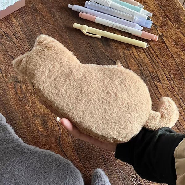 Cute Cat Shaped Storage Bag Lightweight & Portable Pencil Case For School Office Travel (Khaki) Makeup Bags & Cases