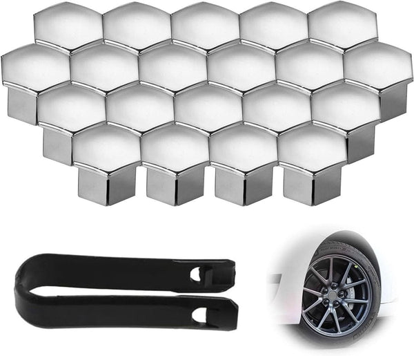 Universal Wheel Bolt Covers 20 Pieces 17 Mm Hexagon Nut Protector With Puller Suitable For All Car Brands Silver Valve Stems Caps