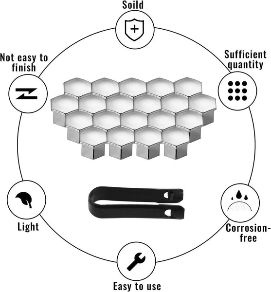 Universal Wheel Bolt Covers 20 Pieces 17 Mm Hexagon Nut Protector With Puller Suitable For All Car Brands Silver Valve Stems Caps
