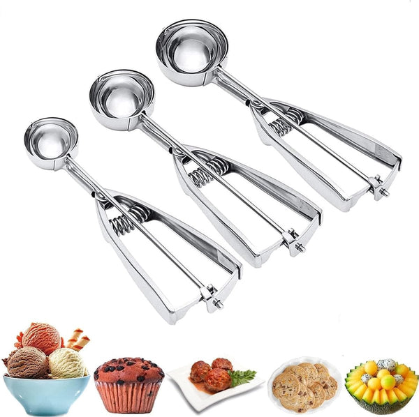 Three Piece Ice Cream Scoop Set Cookie Stainless Steel With Trigger Mechanism Large/Medium/Small Scoops Baking Spoons