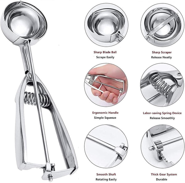 Three Piece Ice Cream Scoop Set Cookie Stainless Steel With Trigger Mechanism Large/Medium/Small Scoops Baking Spoons