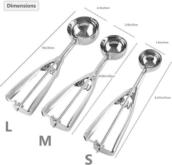 Three Piece Ice Cream Scoop Set Cookie Stainless Steel With Trigger Mechanism Large/Medium/Small Scoops Baking Spoons