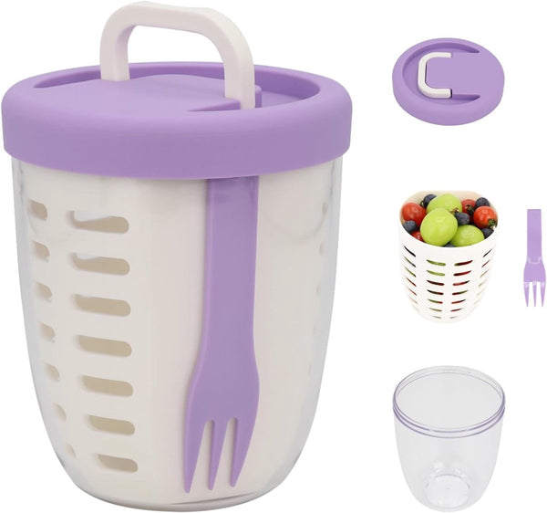 Fruit Bowl Salad Leakproof Reusable Food Container With Lid And Draining Basket Suitable For Work School Travel. 650 Ml (Purple) Bowls