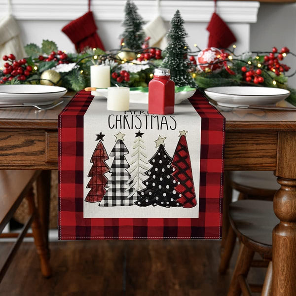 Christmas Table Runner 33X183 Cm Festive Red Linen Polyester Blend Seasonal Decorations