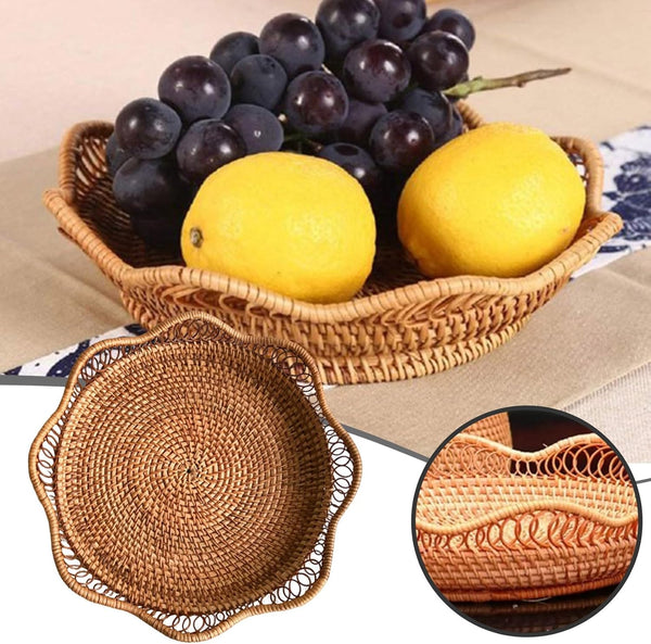 1Pc Rattan Fruit Basket Hand Woven Bread Tabletop Round Wicker Food Serving Storage Bowl Natural Decorative For Home Kitchen Counter Organising Storag