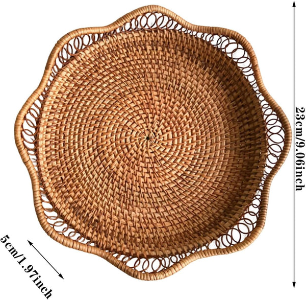 1Pc Rattan Fruit Basket Hand Woven Bread Tabletop Round Wicker Food Serving Storage Bowl Natural Decorative For Home Kitchen Counter Organising Storag