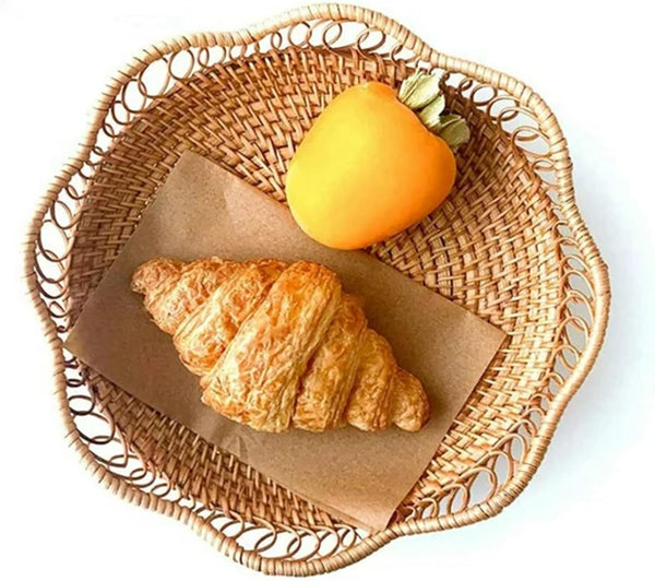 1Pc Rattan Fruit Basket Hand Woven Bread Tabletop Round Wicker Food Serving Storage Bowl Natural Decorative For Home Kitchen Counter Organising Storag